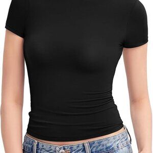 Women's Crew Neck Short Sleeve Tops Double Lined Slim Fit T Shirts